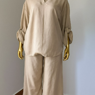 Women's Relaxed Textured Two-piece Set – Long Sleeve Shirt & Wide-leg Pants