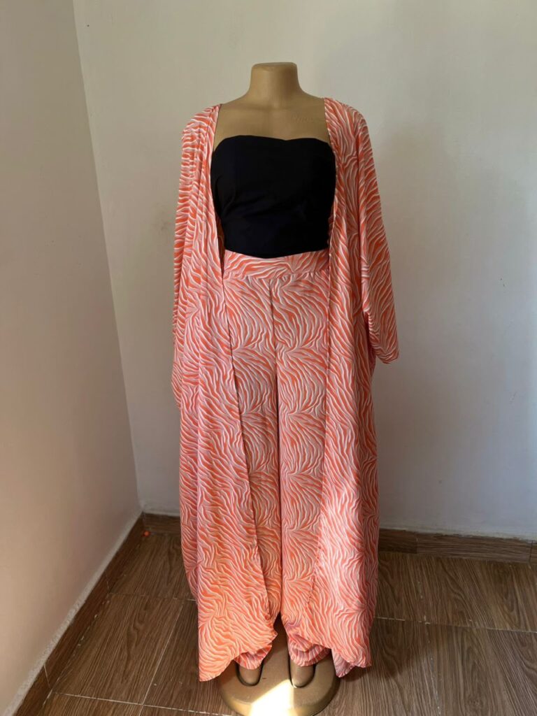 Women's Co-ord Set: High-waist Wide-leg Trousers & Kimono Jacket- Orange