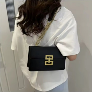 Retro Leather Shoulder Bag with Chain - Black - Image 2