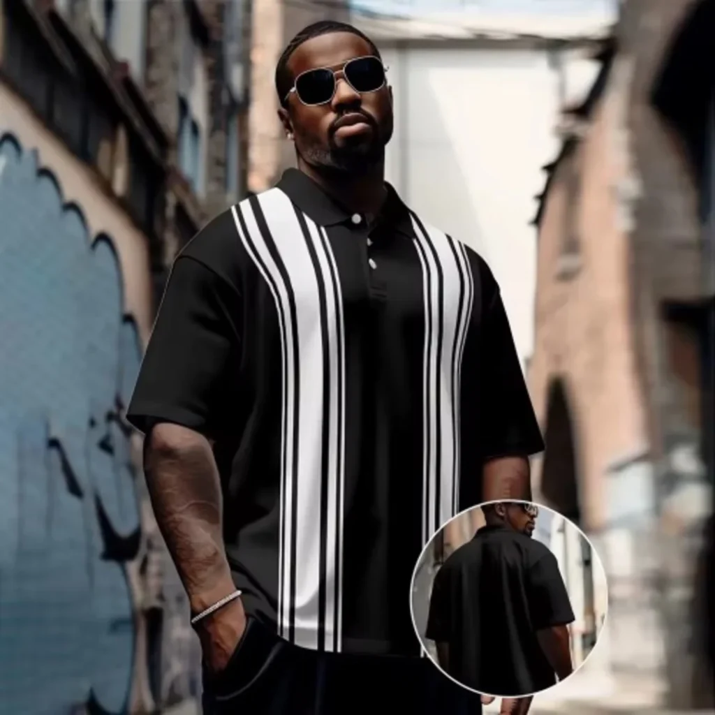 Men’s Oversized Striped Button Short-Sleeve T-shirt