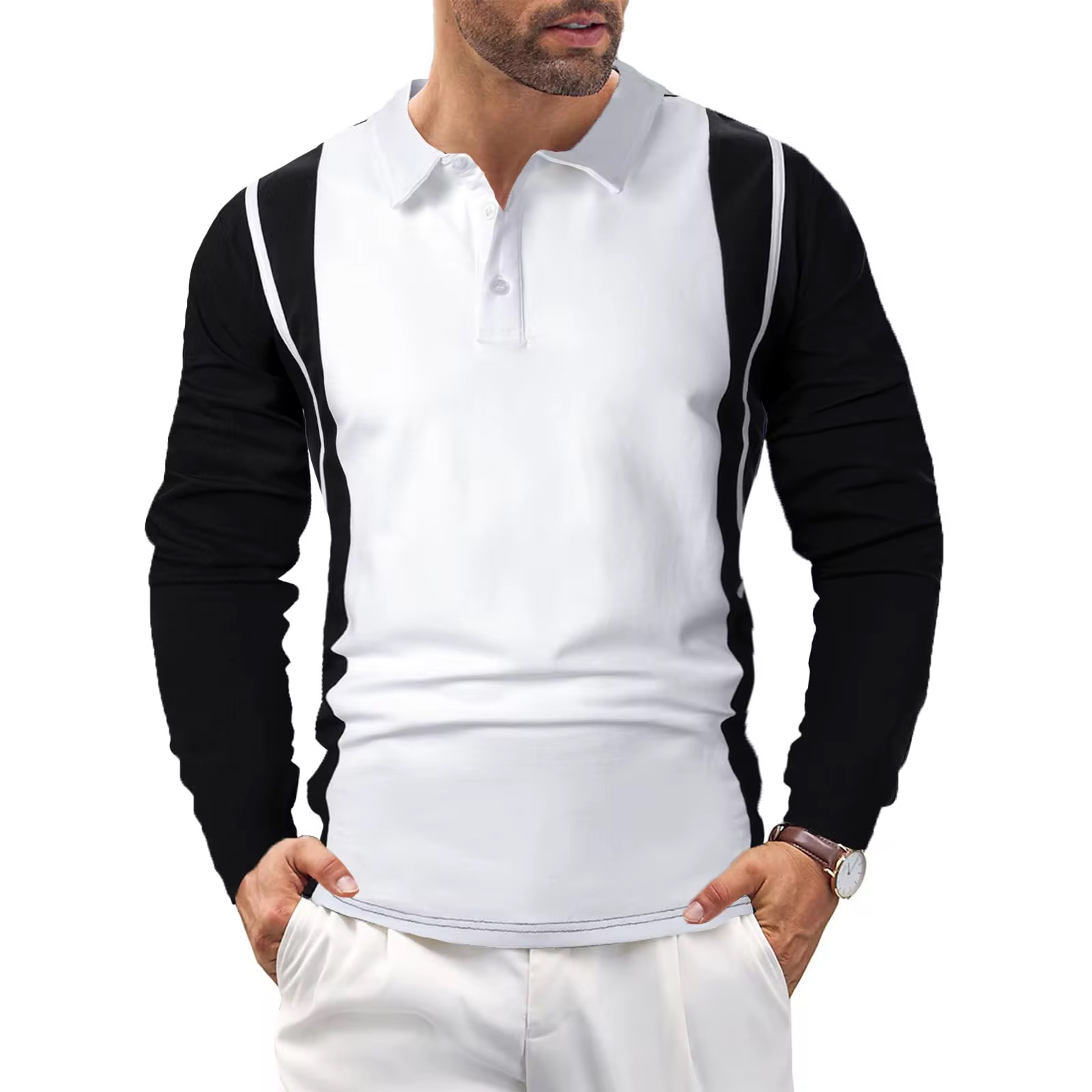 Men’s Classic Breathable Striped Patchwork Long Sleeve Shirt - Image 1