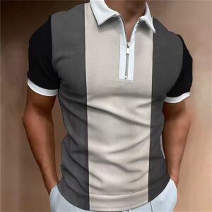 Men’s Striped Zipper Short Sleeve Golf Polo T-Shirt - Image 1