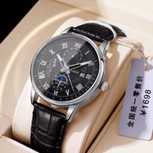 Men's Luxury Leather Strap Watch - Sliver & Black - Image 2