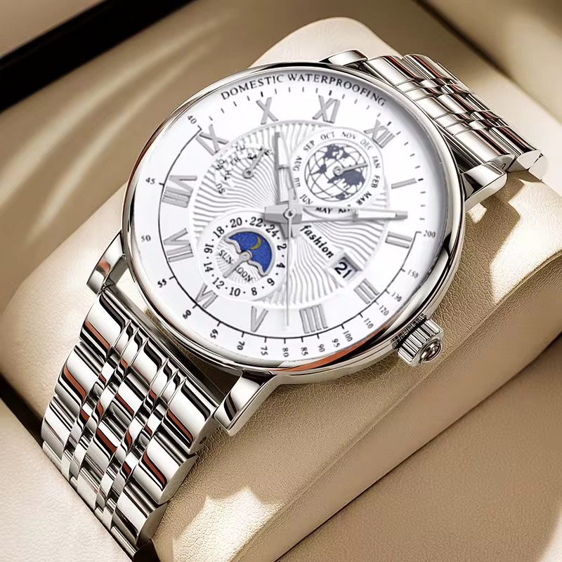 Men’s Luxury Stainless Steel Business Watch –  silver/white - Image 2
