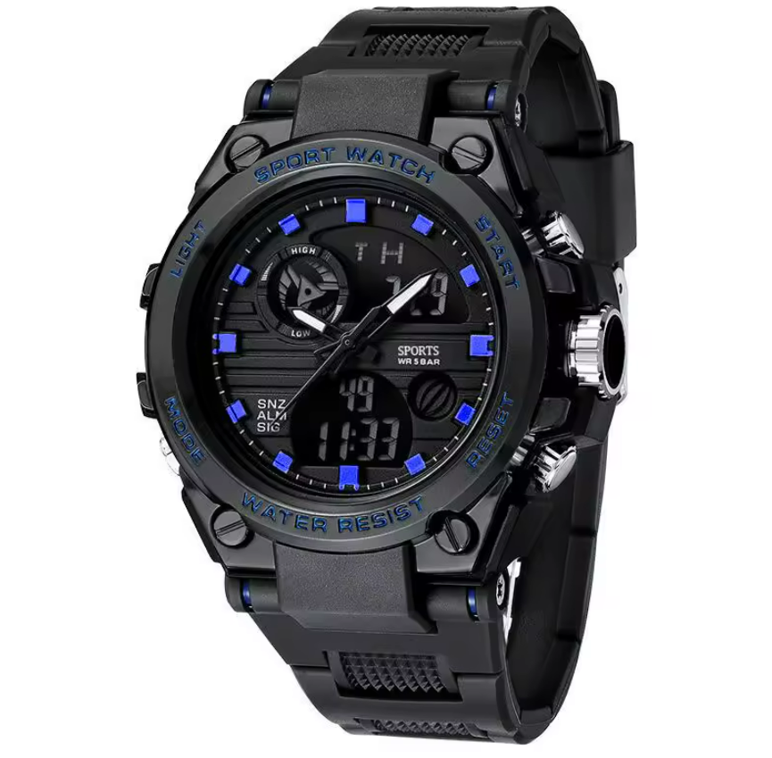 Men's OEM Trend  Dual Display Sports Watch - Black and Blue - Image 2