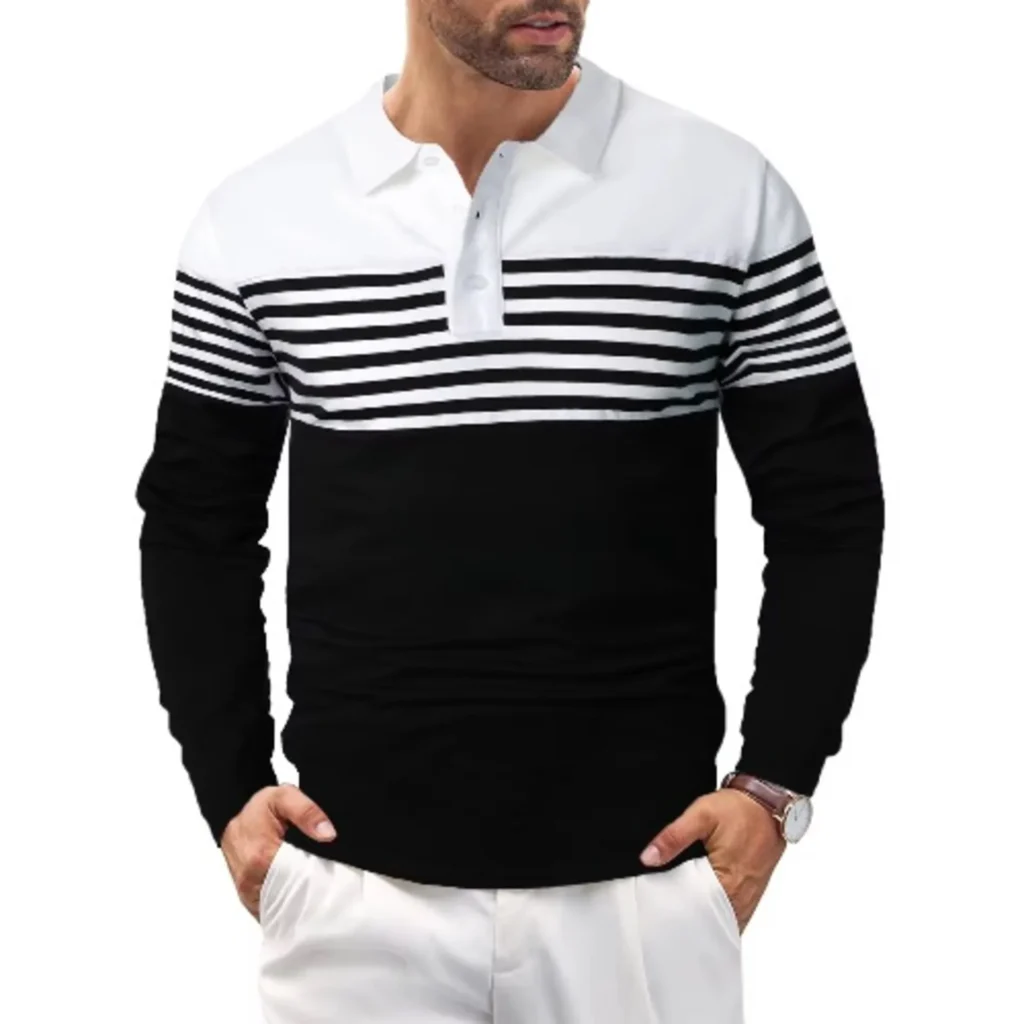 Men’s Classic Striped Golf Long Sleeve Polo Shirt
