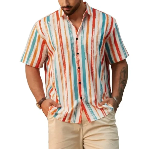 Men’s Breathable Knitted Striped Casual Short Sleeve Shirt- Multicolor