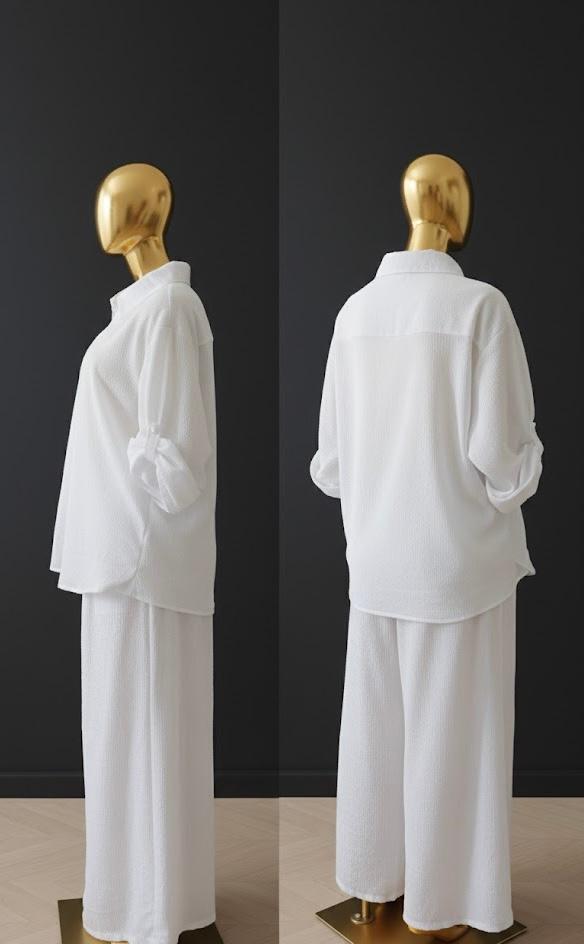 Women's Relaxed Textured Two-piece Set – Long Sleeve Shirt & Wide leg Pants