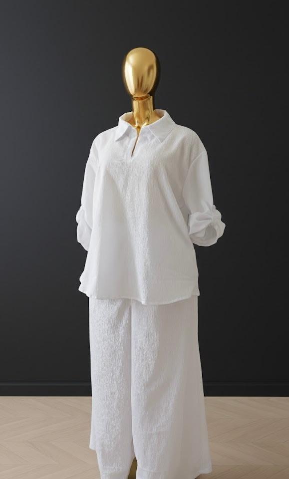 Women's Relaxed Textured Two-piece Set – Long Sleeve Shirt & Wide leg Pants