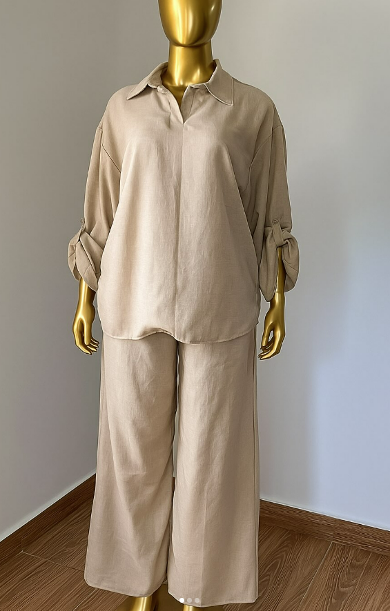 Women's Relaxed Textured Two-piece Set – Long Sleeve Shirt & Wide-leg Pants