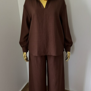 Women's Relaxed Textured Two-piece Set – Long Sleeve Shirt & Wide-leg Pants - Image 3
