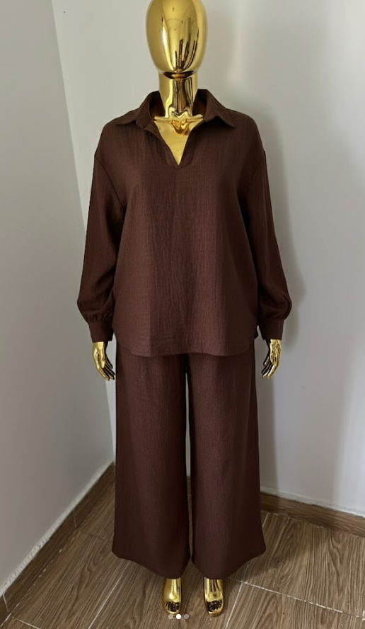 Women's Relaxed Textured Two-piece Set – Long Sleeve Shirt & Wide-leg Pants