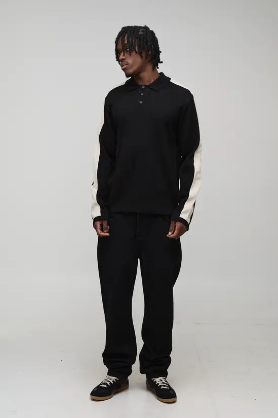 boohooMAN Tall Regular Long Sleeve Knitted Polo