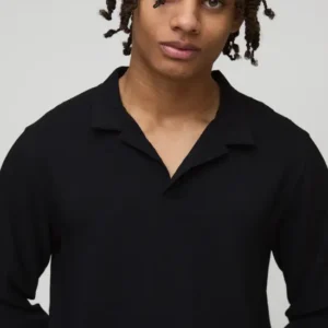 boohooMAN Pleated BM Signature Embroidered V Neck Long Sleeve Polo - Image 2
